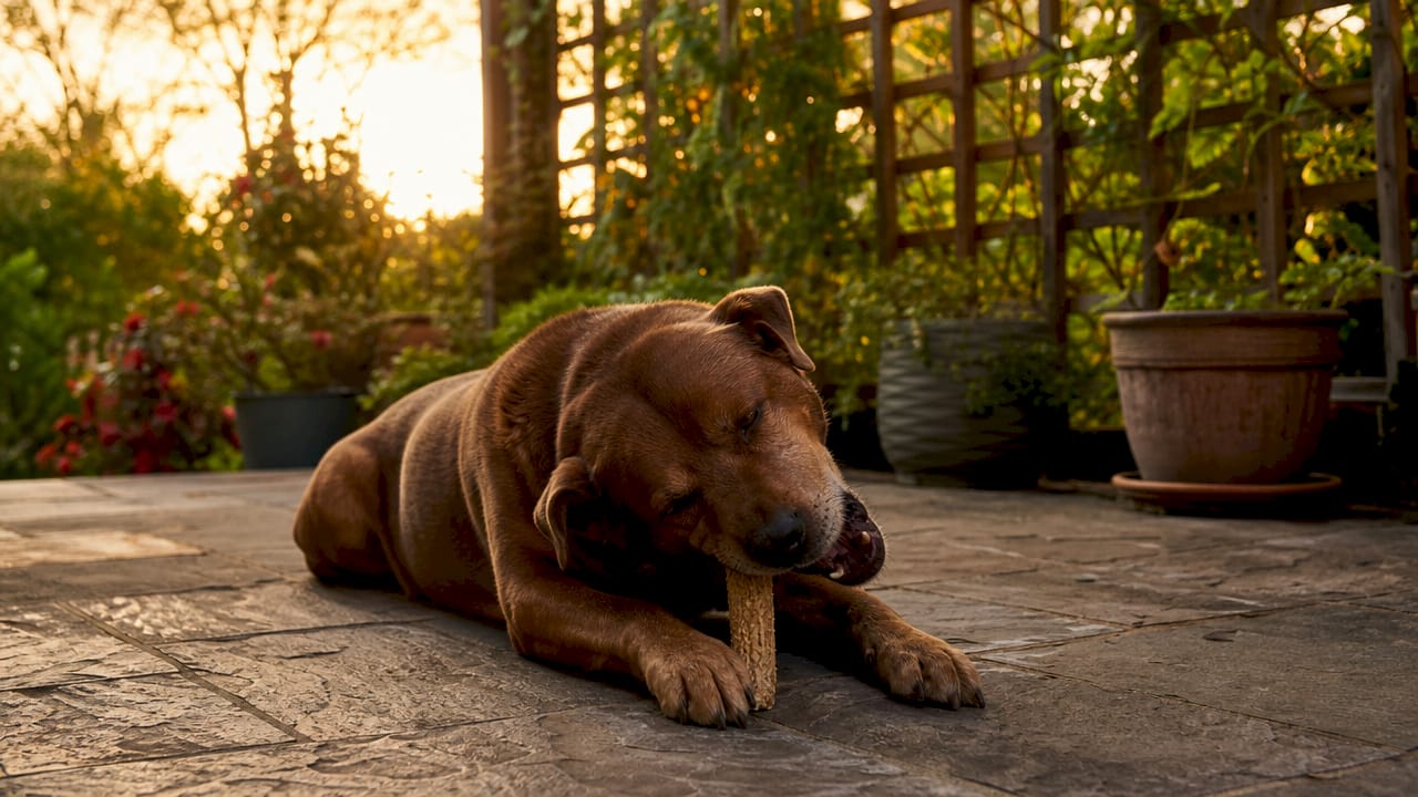 Nærbillede af hund, der gnasker på en tandrensende snack