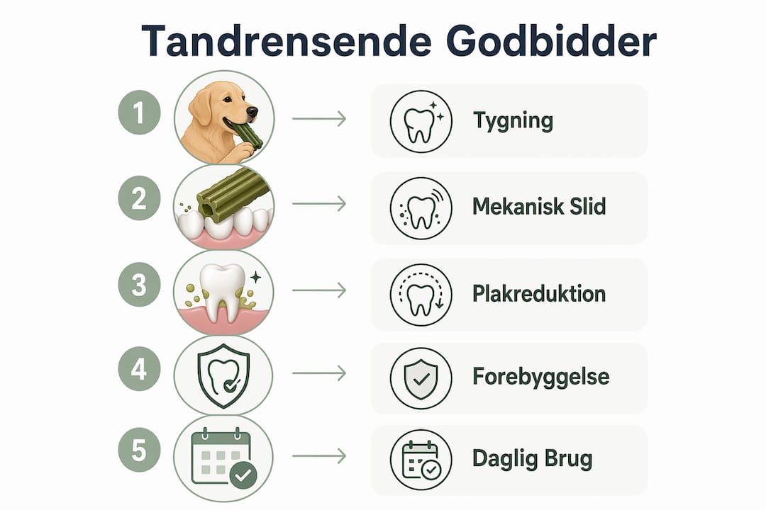 Se, hvordan en tandstensfjernende godbid virker – trin for trin forklaret i en overskuelig infografik.