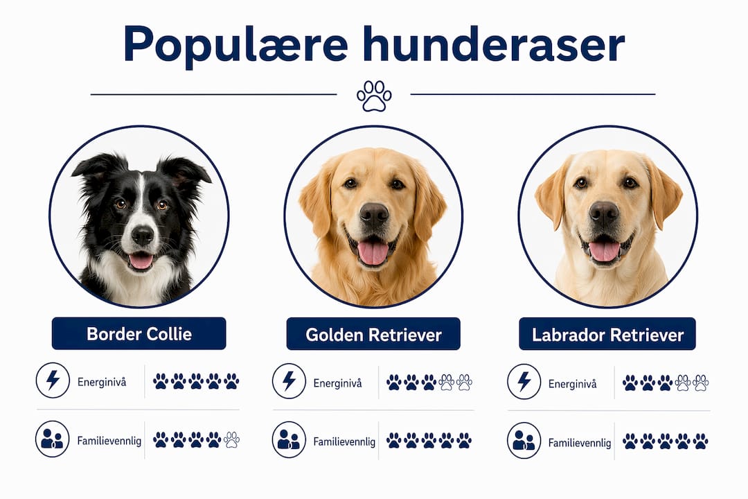 Grafisk oversikt over de mest populære hunderasene i Norge, rangert etter popularitet.