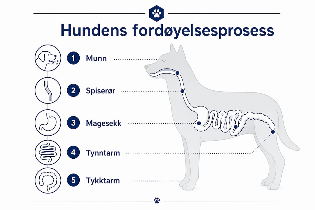 En illustrasjon som gir deg en enkel oversikt over hvordan fordøyelsen fungerer hos hunder, trinn for trinn.