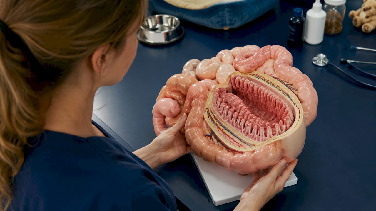 Nærbilde av en anatomisk modell av tynntarmen hos hund