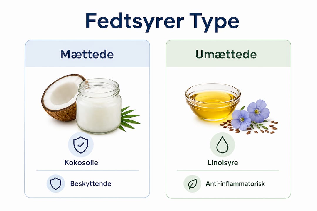 Grafisk oversigt, der sammenligner forskellige typer fedtsyrer og deres karakteristika