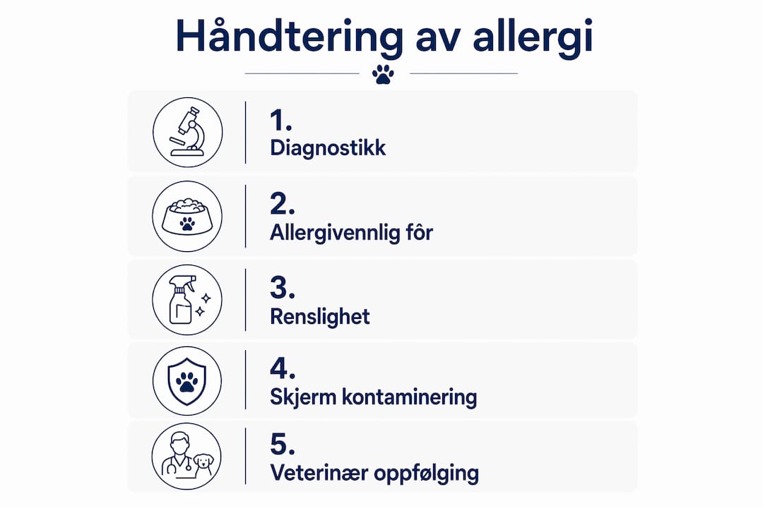 Infografikk som viser en enkel oversikt over hvordan du kan håndtere allergi, steg for steg.