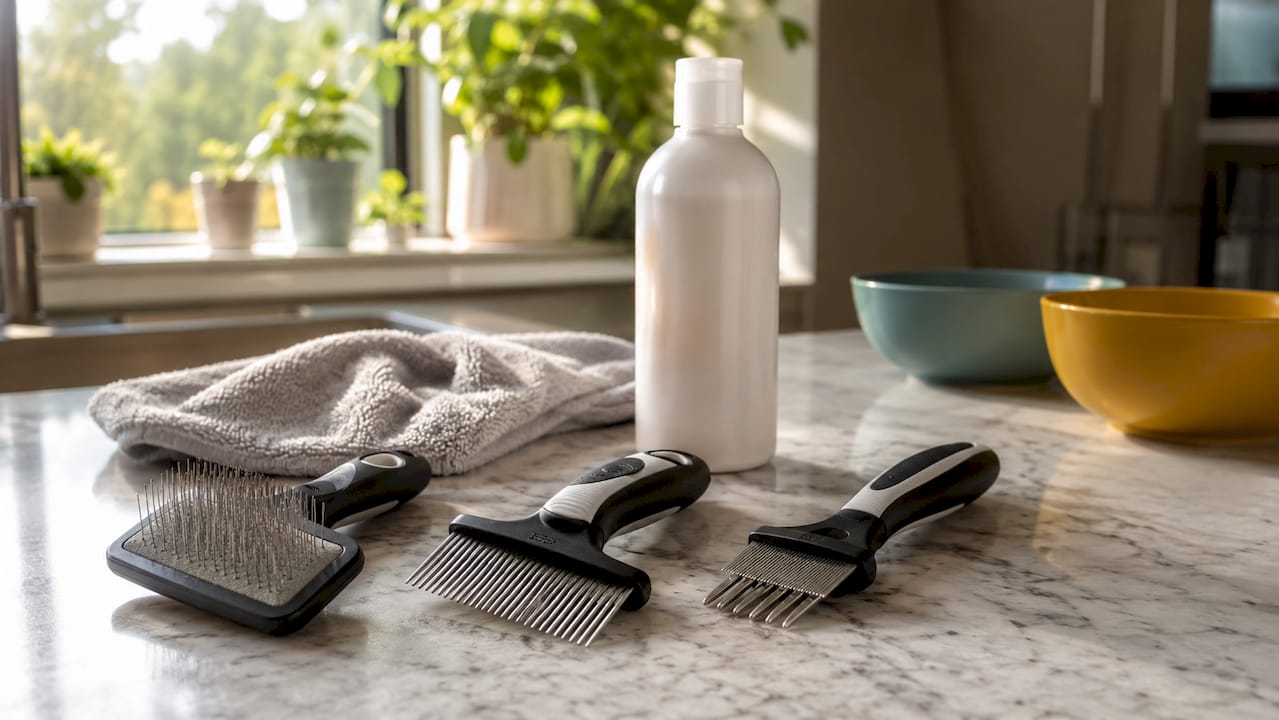 Praktiske børster og skånsom hundeshampoo til optimal pelspleje