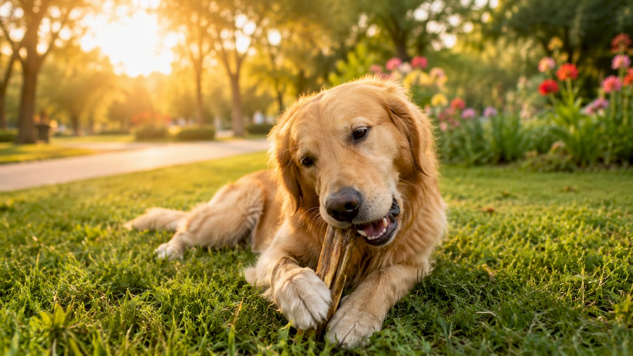 En glad golden retriever nyder at gumle på en naturlig tandrensende snack.