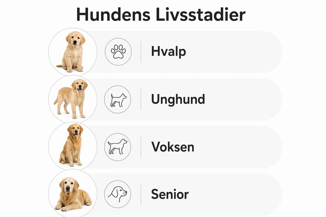 En oversigt i infografik, der viser hundens forskellige livsstadier – præsenteret i et lodret forløb