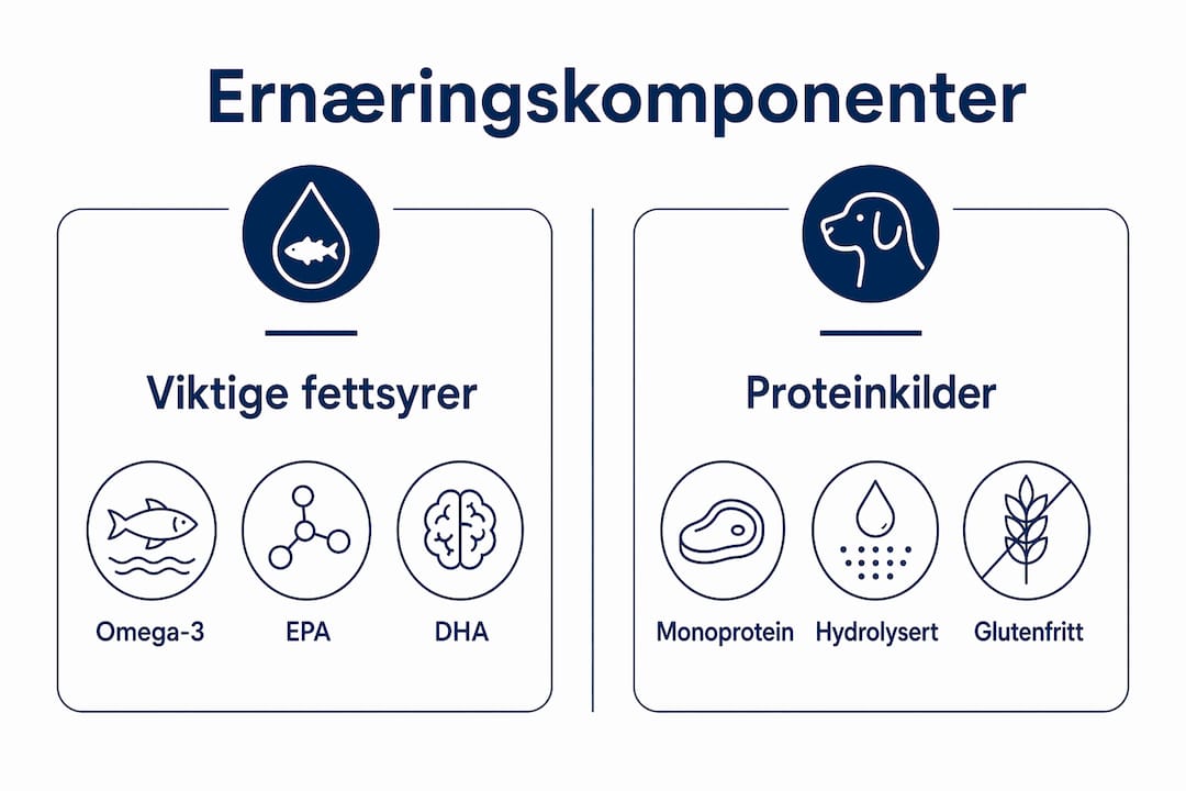 Oversiktlig infografikk som viser og sammenligner næringsinnhold i ulike fôrtyper for hunder med allergier.