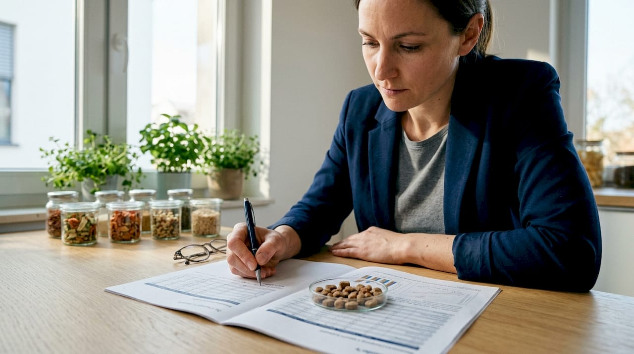 En veterinær med spesialisering på ernæring undersøker hvor mye protein det er i hundefôret.