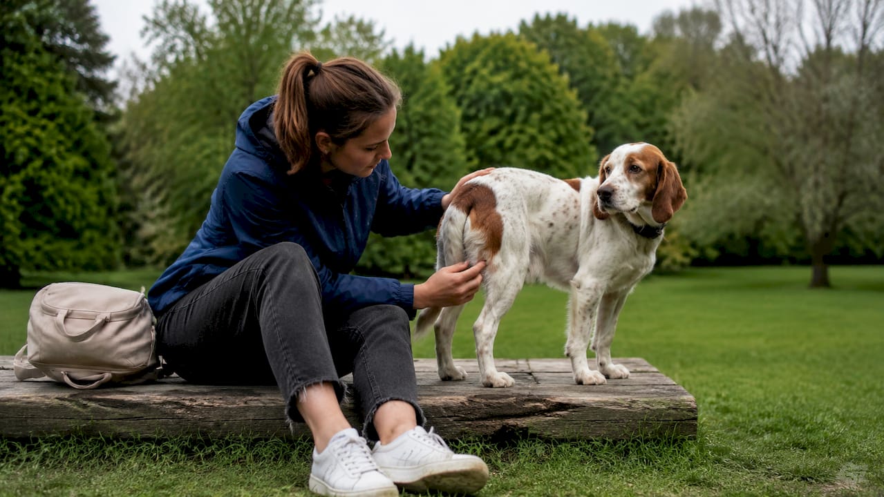 En hundeeier følger med på hundens fordøyelse ute i hagen, sett ovenfra.