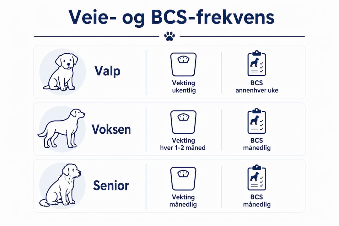 Infografikk som viser anbefalt tidsplan for veiing og vurdering av kroppstilstand