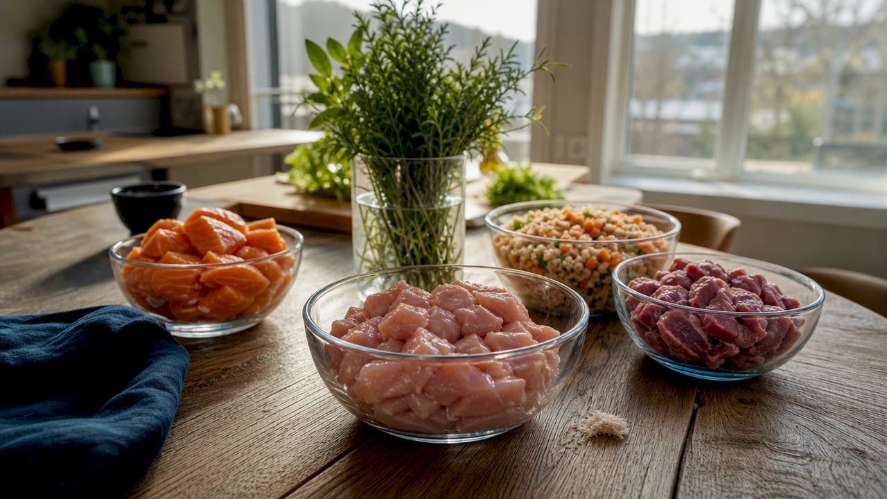 Kvalitetsrike råvarer til hundemat sett ovenfra