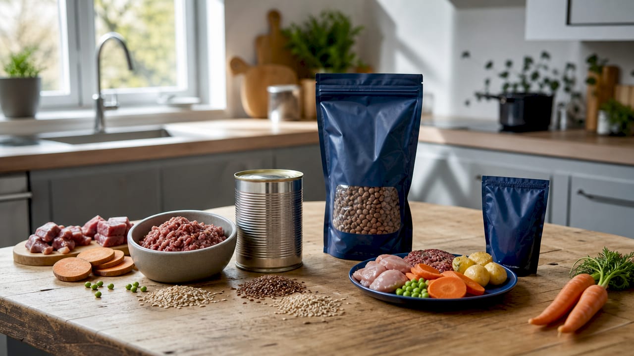 Fem ulike hundematsorter med naturlige ingredienser står klare på bordet