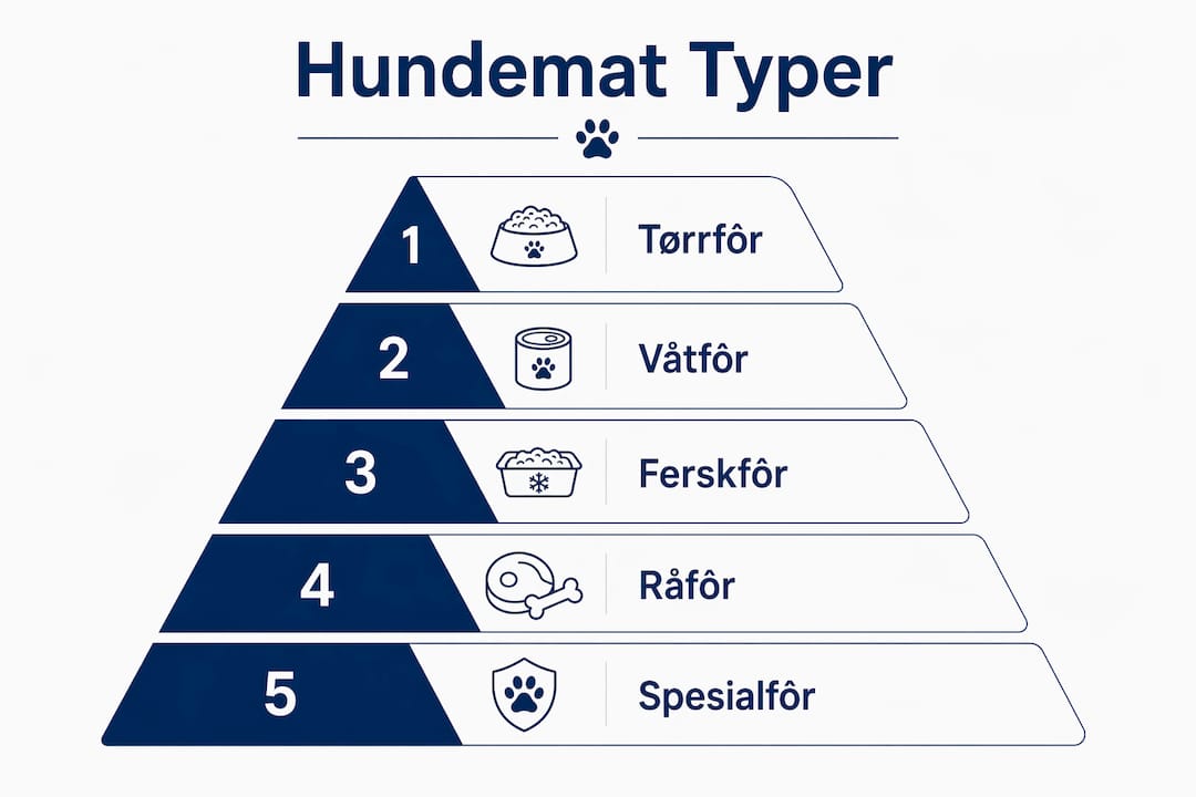 En oversiktlig infografikk som viser de ulike nivåene og variantene av hundemat