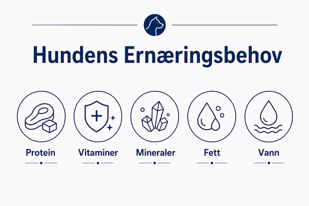 Illustrasjon som viser de viktigste næringsstoffene hunden trenger
