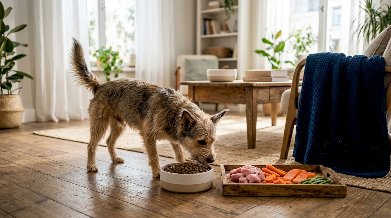 En hund snuser nysgjerrig på sunn hundemat på kjøkkenet.