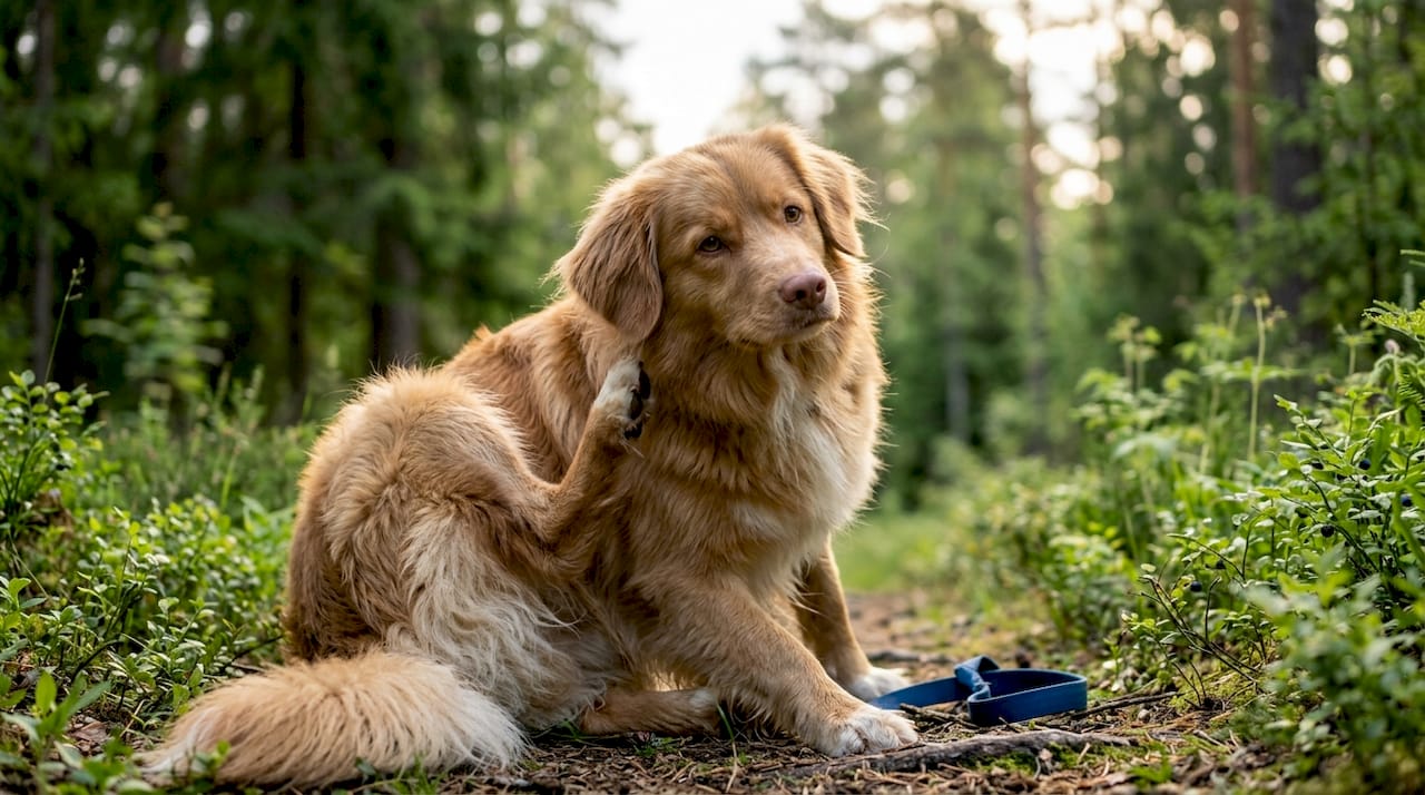 En hund sitter i hagen og klør seg bak øret.