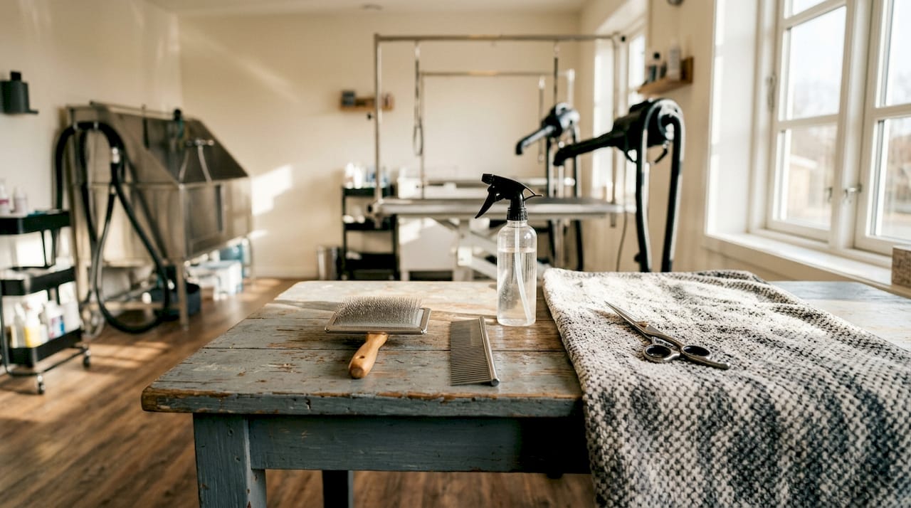 Professionelt udstyr til hundepleje lagt frem på bordet