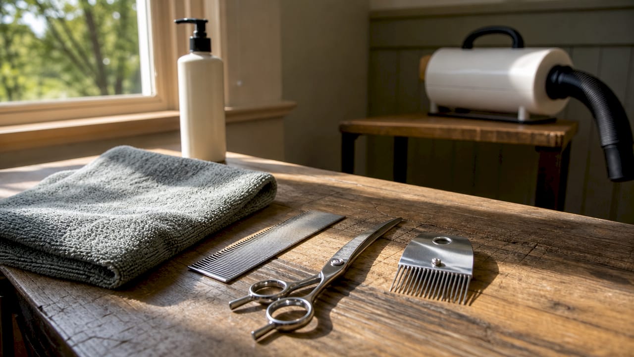 Detaljebillede af plejeudstyr og produkter til hunde