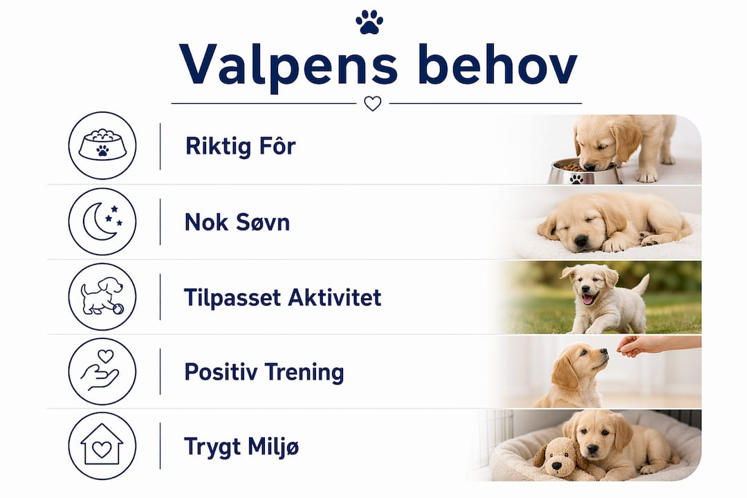 Infografikk som gir deg oversikt over hva valpen trenger for en sunn og god oppvekst