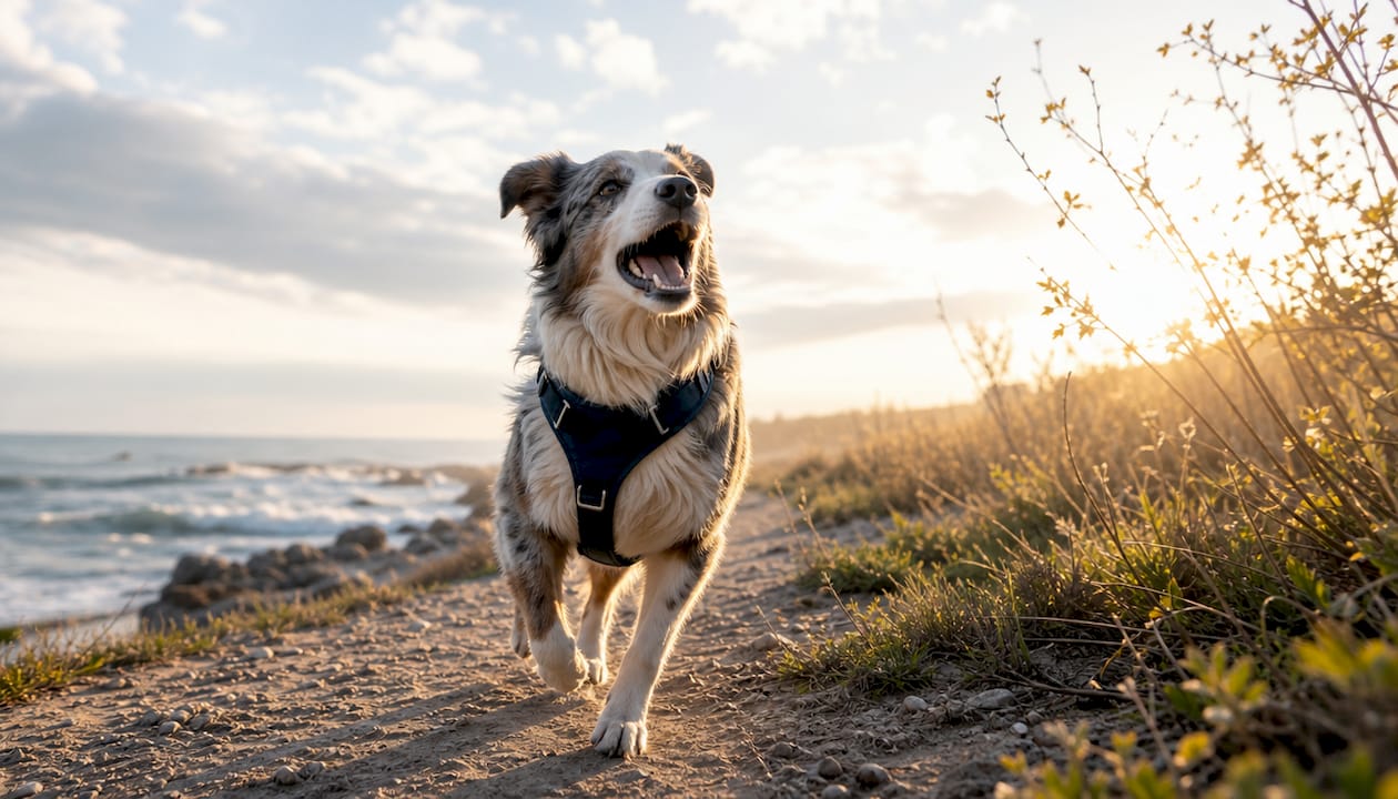 Hund på tur i parken blant gyldne høstfarger