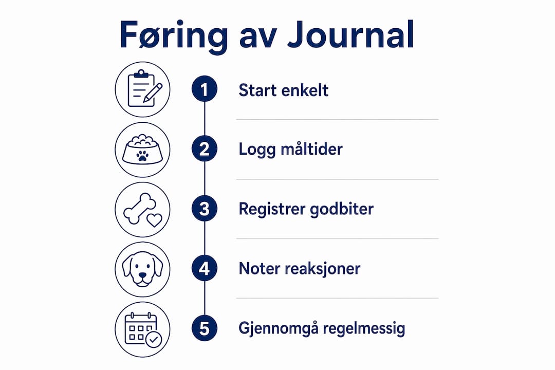 Infografikk som viser hvordan du enkelt kan føre en ernæringsdagbok for hunden din, steg for steg.
