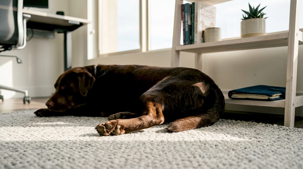 Detaljbilde av sunn og glansfull pels hos hund, sammen med kosttilskudd som bidrar til god helse.