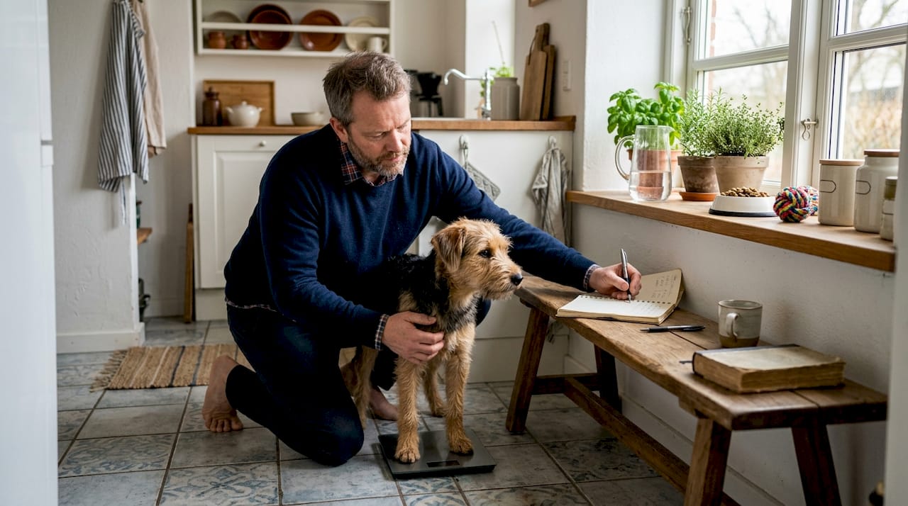 En mand vejer sin hund for at sikre en god overgang til ny foder
