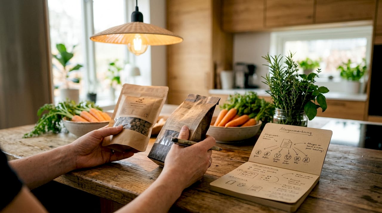 En person gennemgår ingredienslisten på hundesnacks for at sikre, der ikke er allergifremkaldende stoffer.
