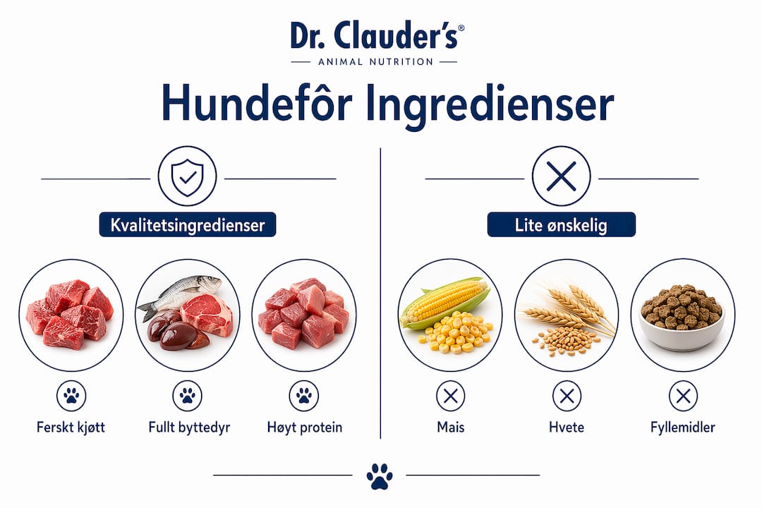 En infografikk som viser forskjellen på gode og mindre gode ingredienser i hundemat