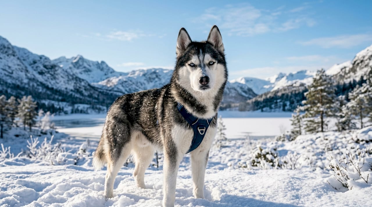 En hund med tykk vinterpels rusler gjennom et snødekt norsk landskap.