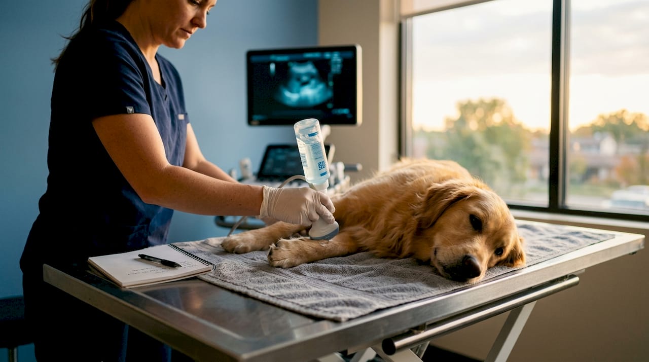 En dyrlæge udfører en hjertescanning på en hund.