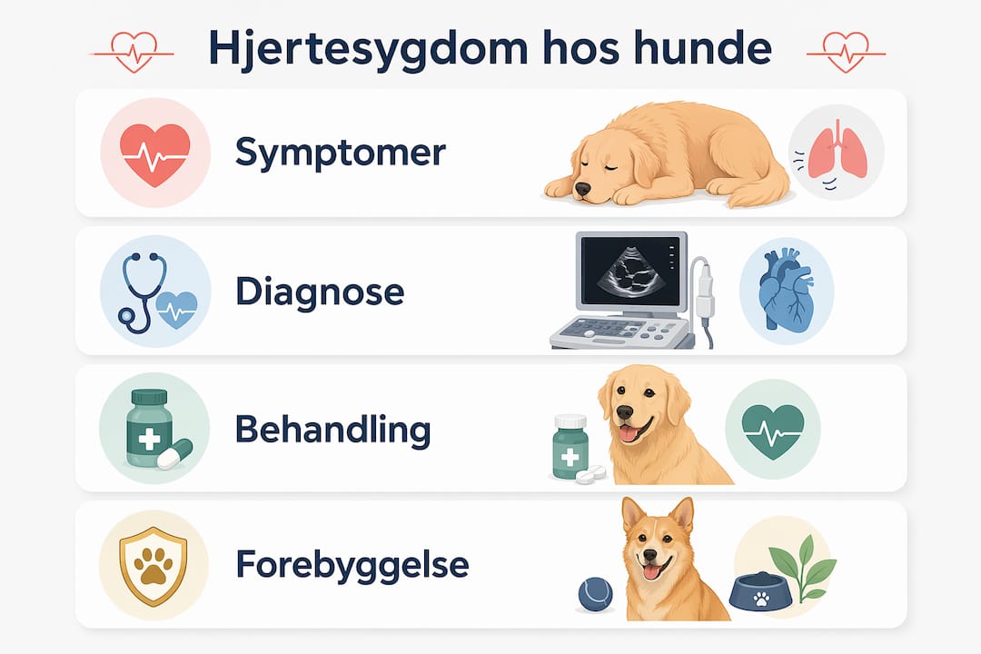 Oversigtsgrafik, der giver et klart overblik over, hvordan man stiller diagnose og behandler hjertesygdomme hos hunde