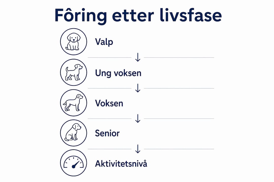 Infografikk som gir oversikt over hvordan du bør fôre hunden din i ulike livsfaser