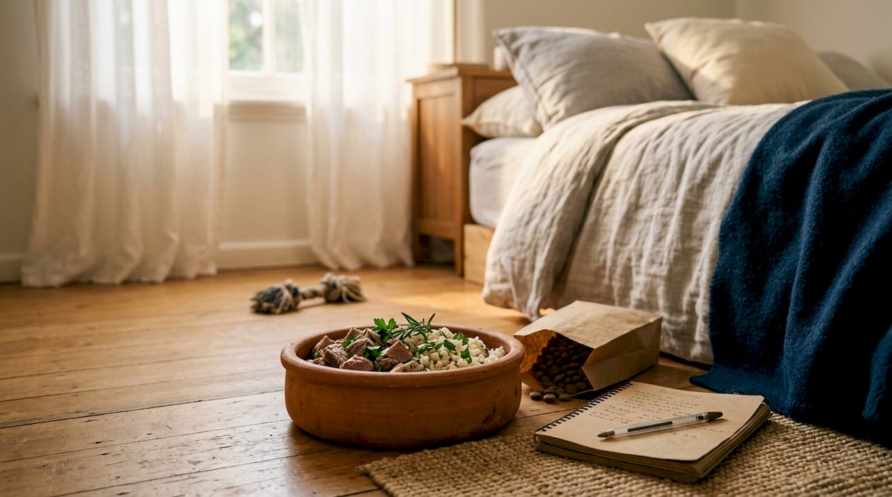 En skål med naturlig hundemat laget med lam og ris