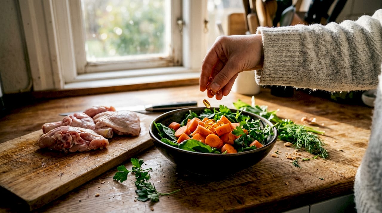 BARF-tørfoder og kosttilskud til hunde—set oppefra, lige klar til servering.