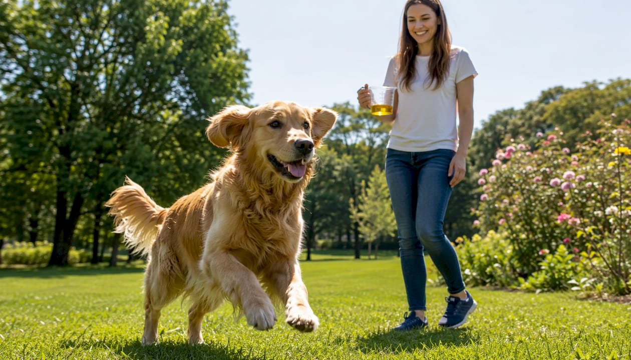 En golden retriever med blank og skinnende pels ute i frisk luft.