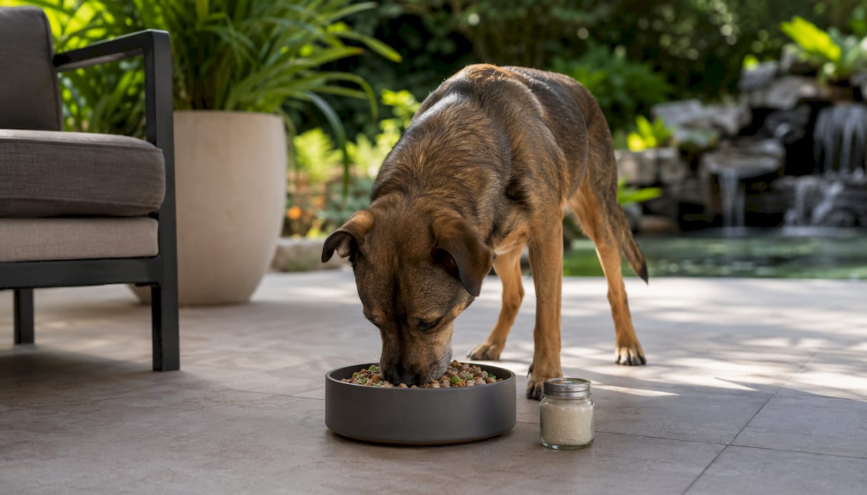 En hund nyder hjemmelavet fermenteret hundemad derhjemme.