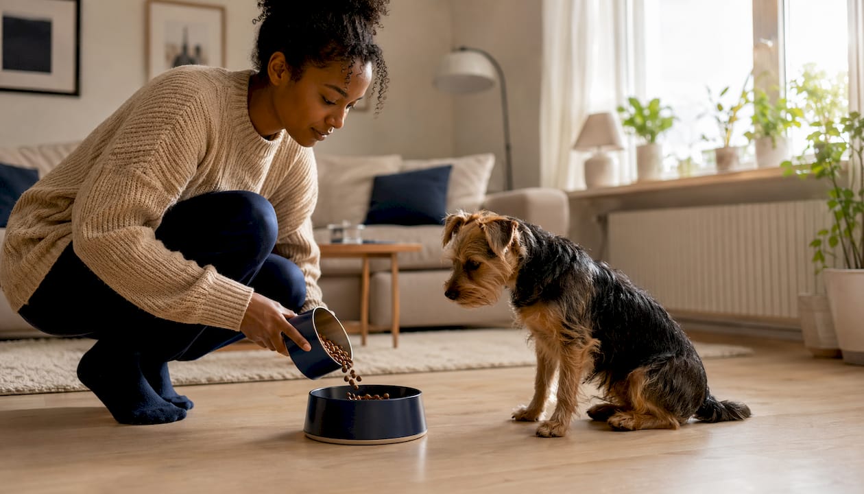 Eier gir mat til hund med følsom mage ute i hagen
