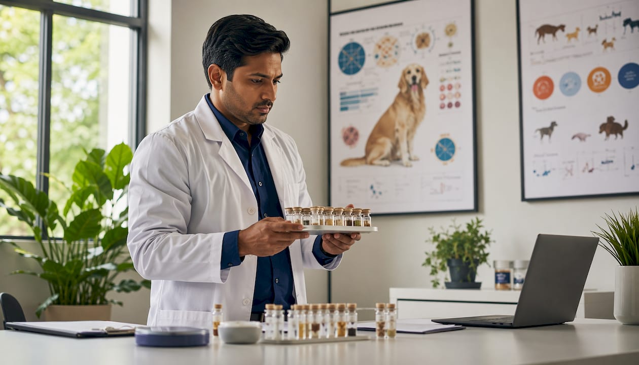 Veterinæren undersøker prøvene fra hundens allergitest