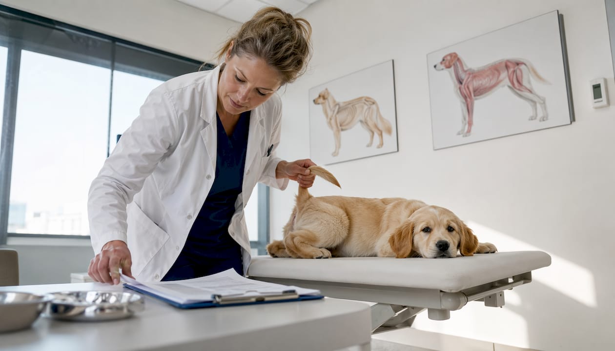 En veterinær undersøker en hund som sliter med allergi.