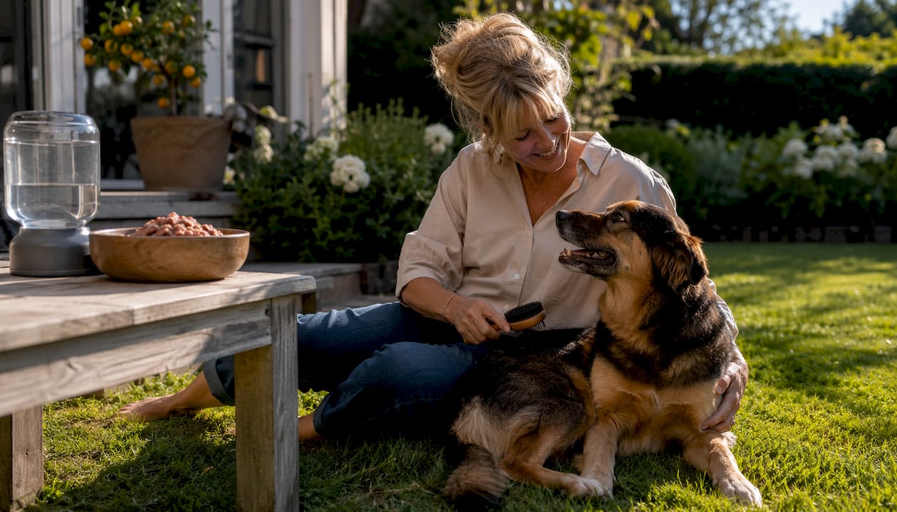 En kvinde plejer sin sunde hund ude i haven