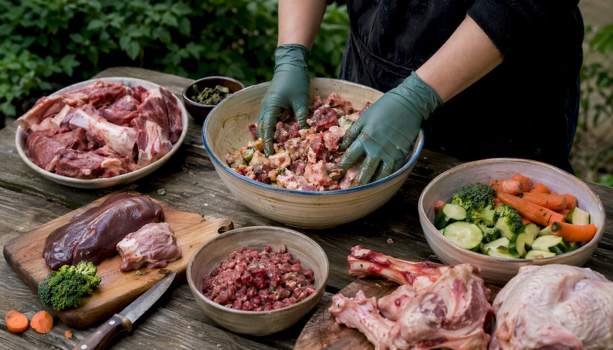Hænder der blander ingredienser til rå hundemad