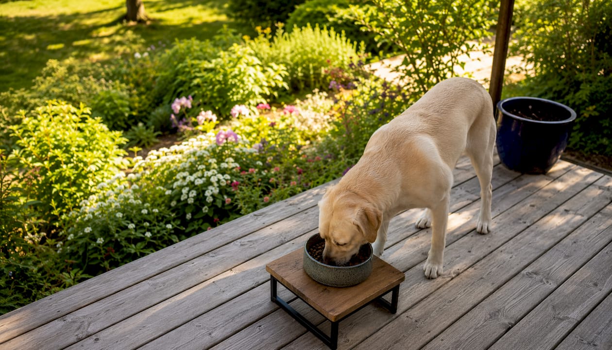 En labrador koser seg med allergivennlig hundemat inne.