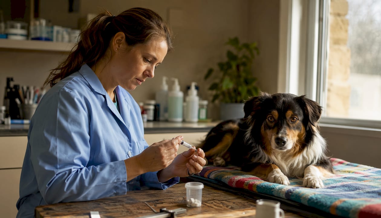 Dyrlægen gør klar til at dosere det rigtige tilskud til hunden.