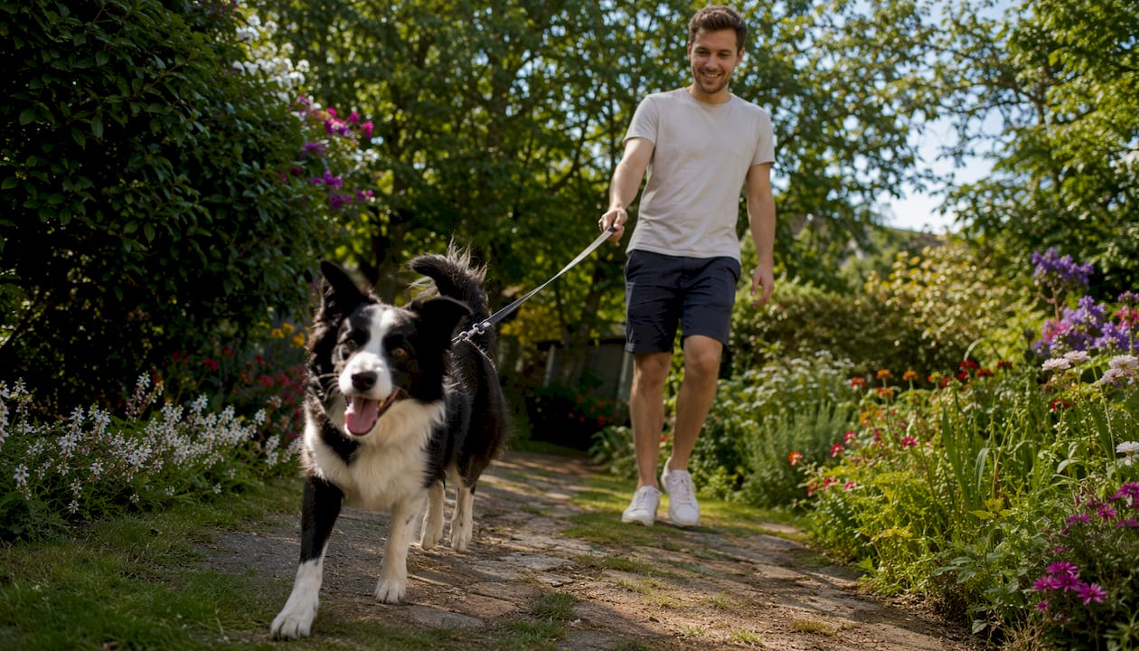 En mand lufter sin border collie på en løbetur i parken.