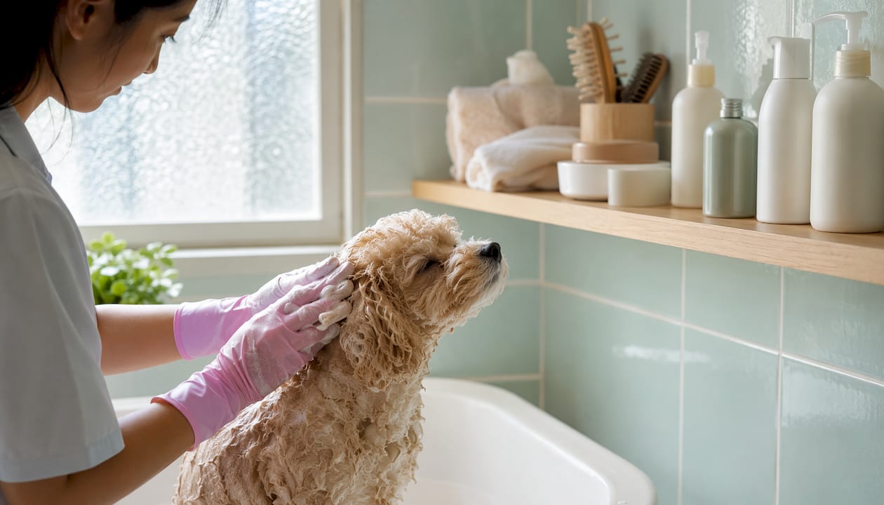 En hundefrisør vasker en hund grundigt med shampoo under badet.