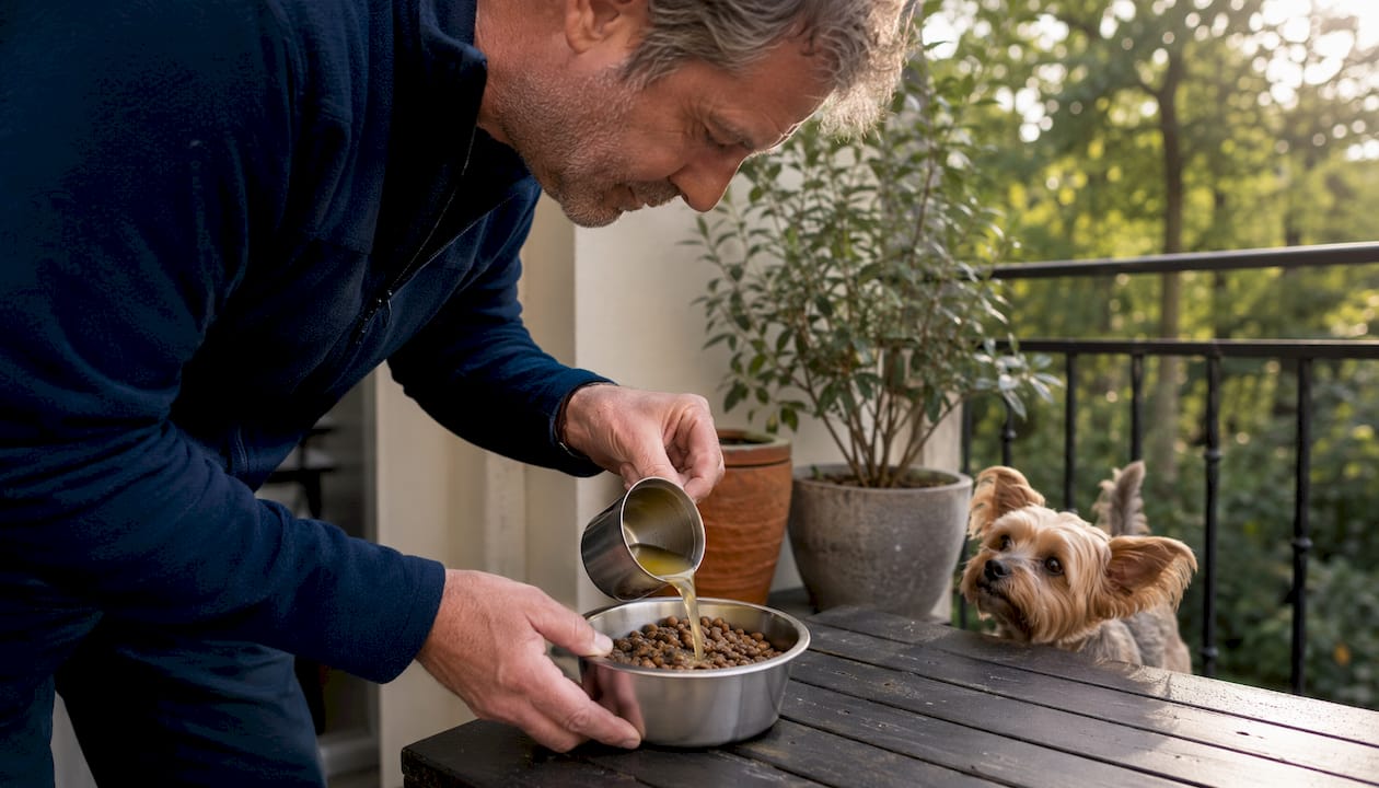 En mann heller buljong over hundematen.