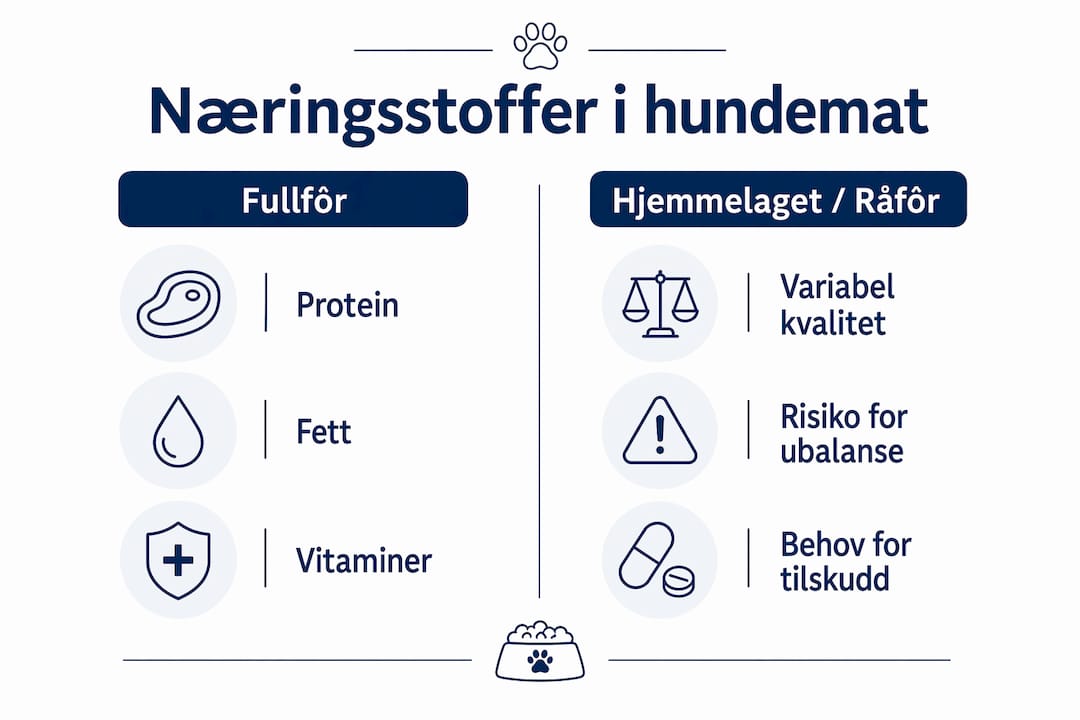 En informativ grafikk som gir oversikt over hvilke næringsstoffer hundemat inneholder.