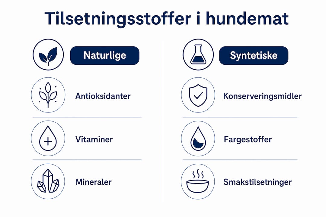 Infografikk som viser forskjellene på naturlige og kunstige tilsetningsstoffer i hundefôr