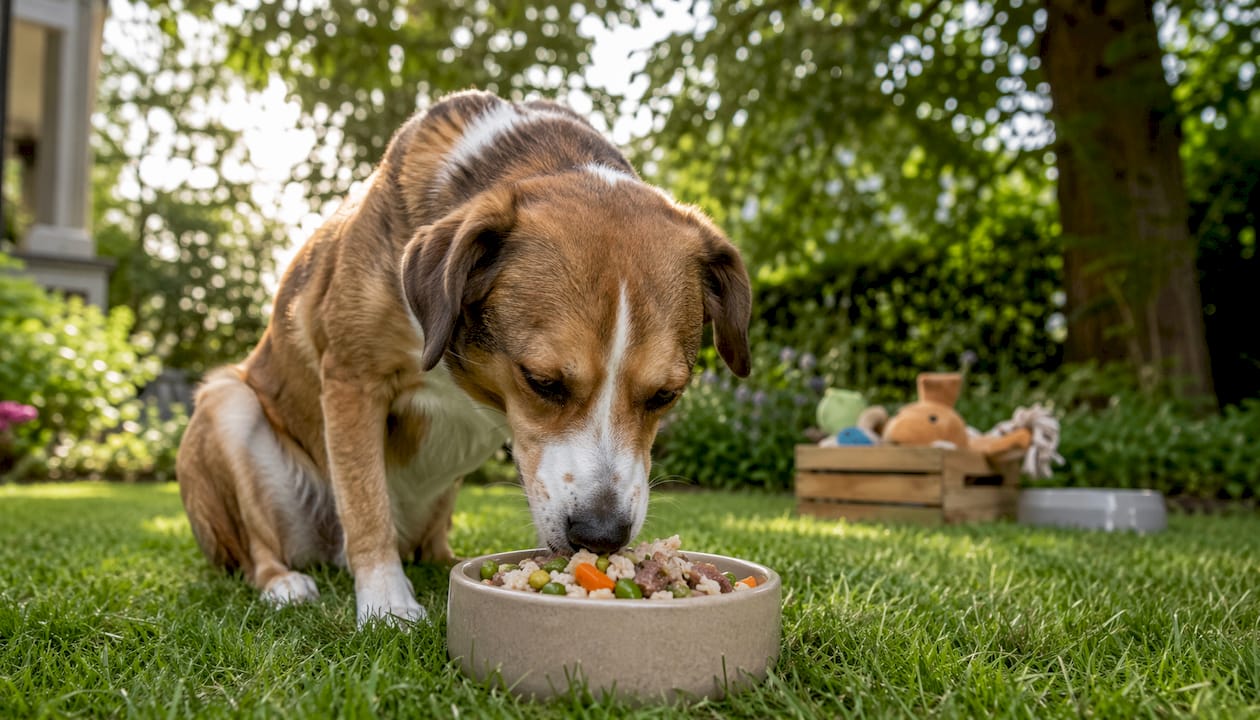 En hund nyder sin mad med naturlige ingredienser ude i det fri.
